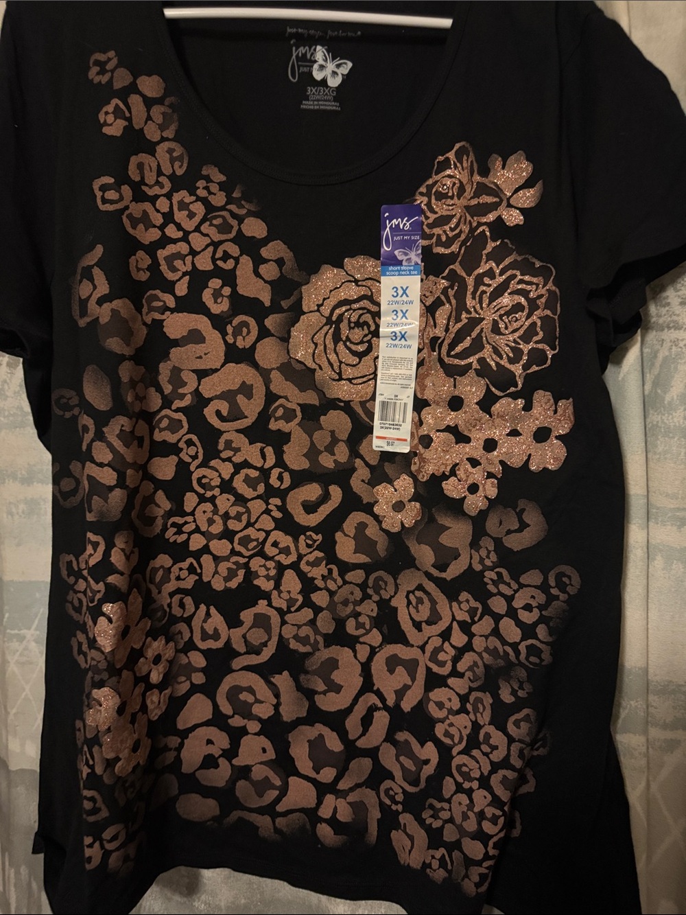 Just My Size Black Short-Sleeve Tee with Rose Gold Floral & Leopard Foil